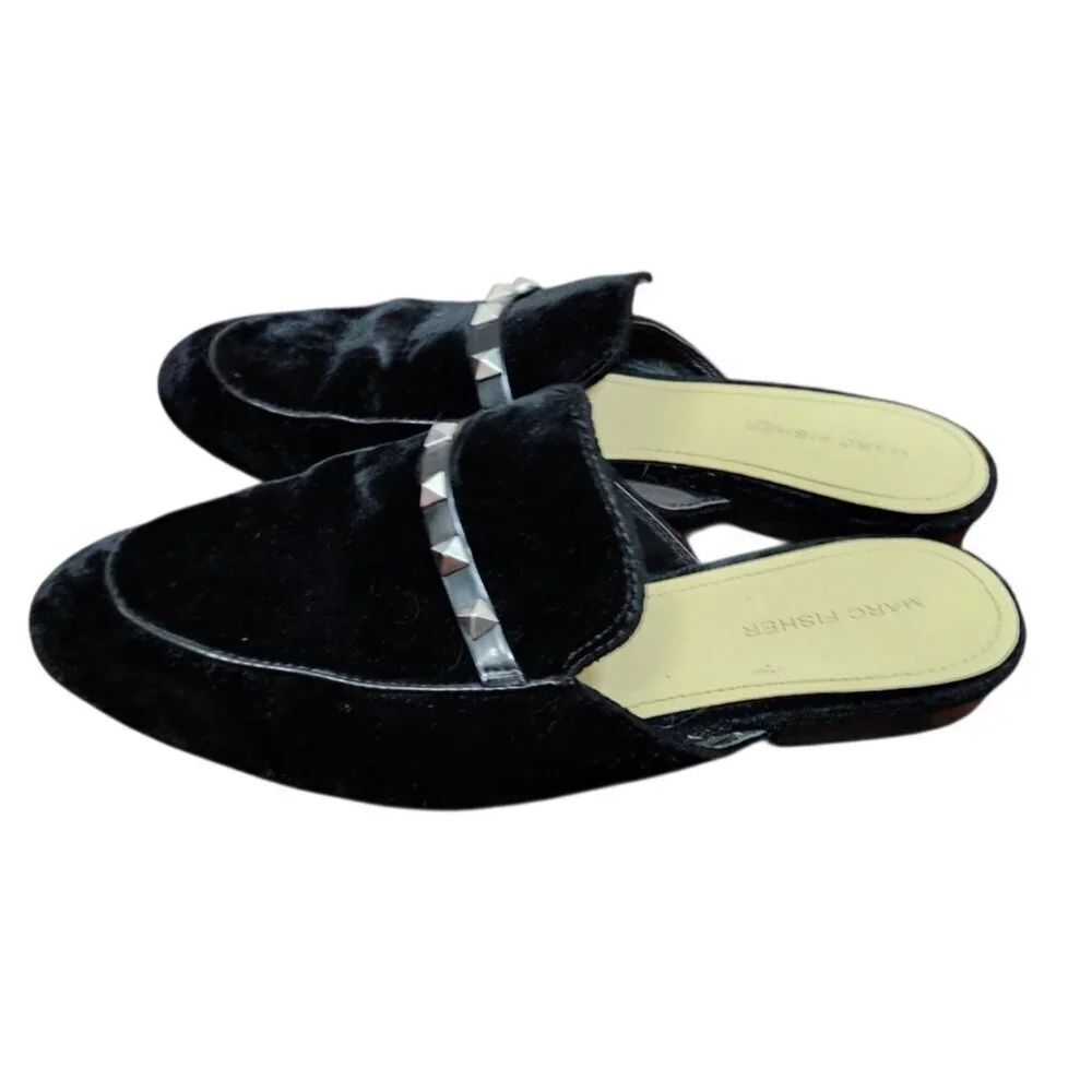 Marc Fisher Women's SZ 8.5 Wishing Mules Black Velvet Studded Slip On Loafers